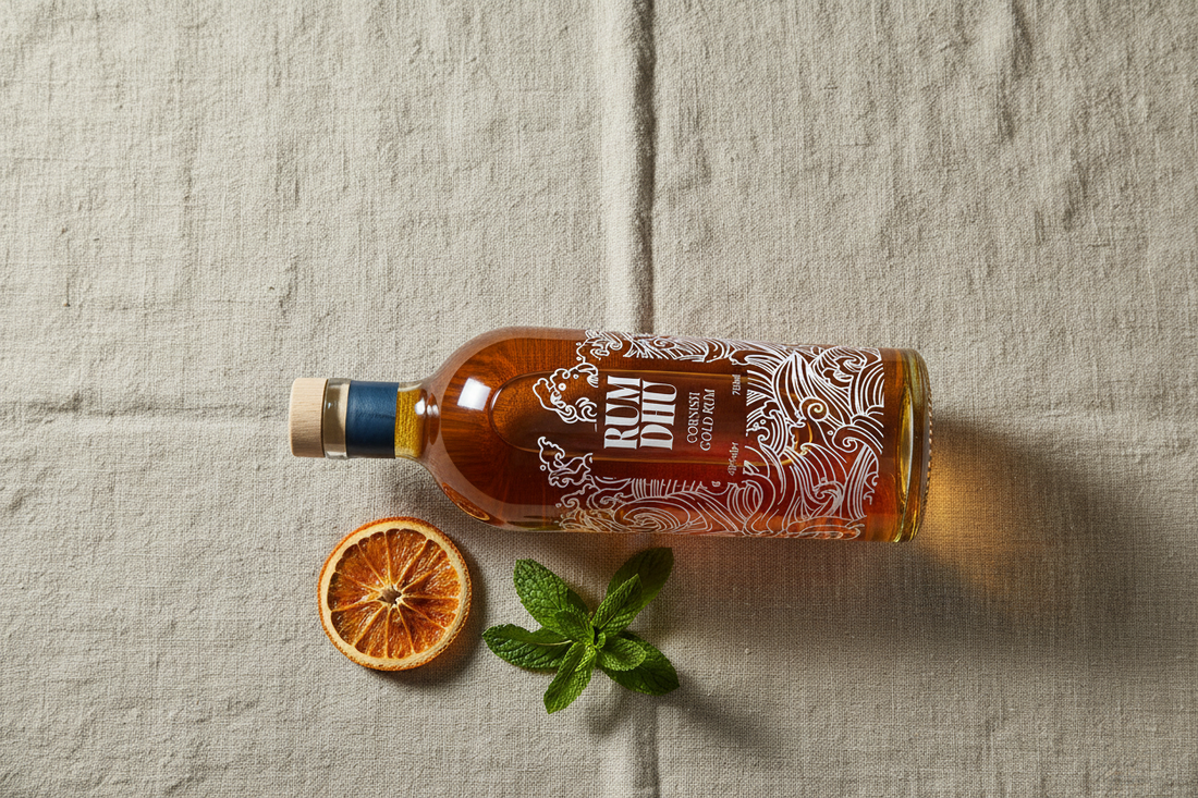Rum Dhu Gold Rum bottle flat lay with lemon, apple, mint and ice on linen