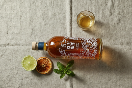 Rum Dhu Gold Rum bottle with daiquiri ingredients on linen