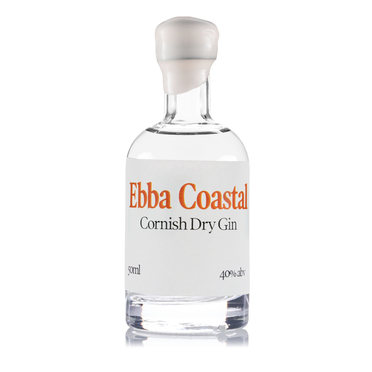 A 50ml clear glass bottle of Ebba Coastal Cornish Dry Gin with a white label and white cap, set against a plain white background.