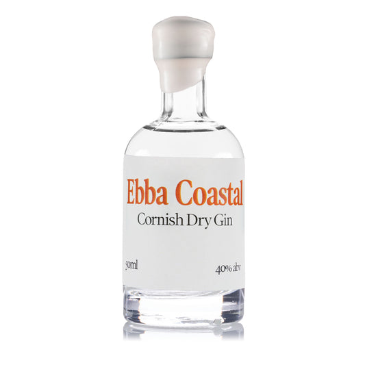 A 50ml clear glass bottle of Ebba Coastal Cornish Dry Gin with a white label and white cap, set against a plain white background.