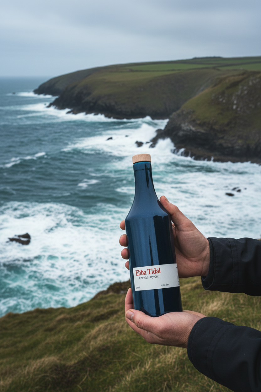 Ebba Tidal ceramic bottle held at Cornish cove