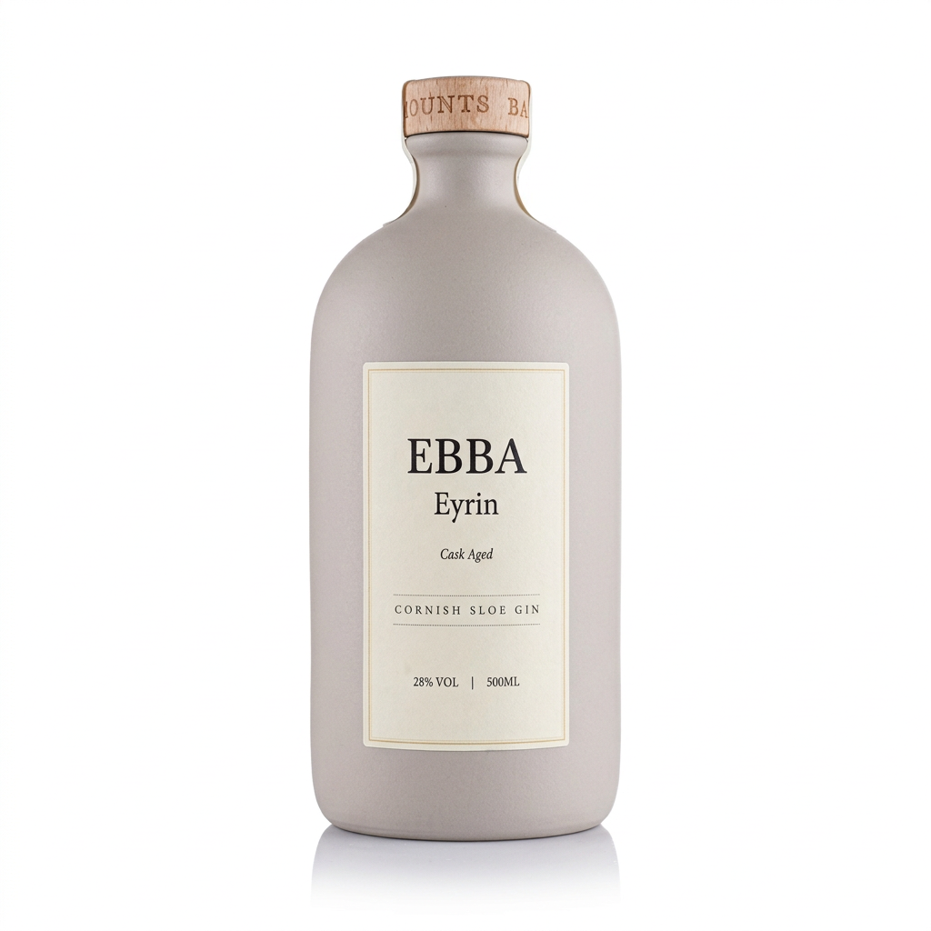 Ebba Eyrin cask aged Cornish sloe gin 500ml ceramic bottle on a white background